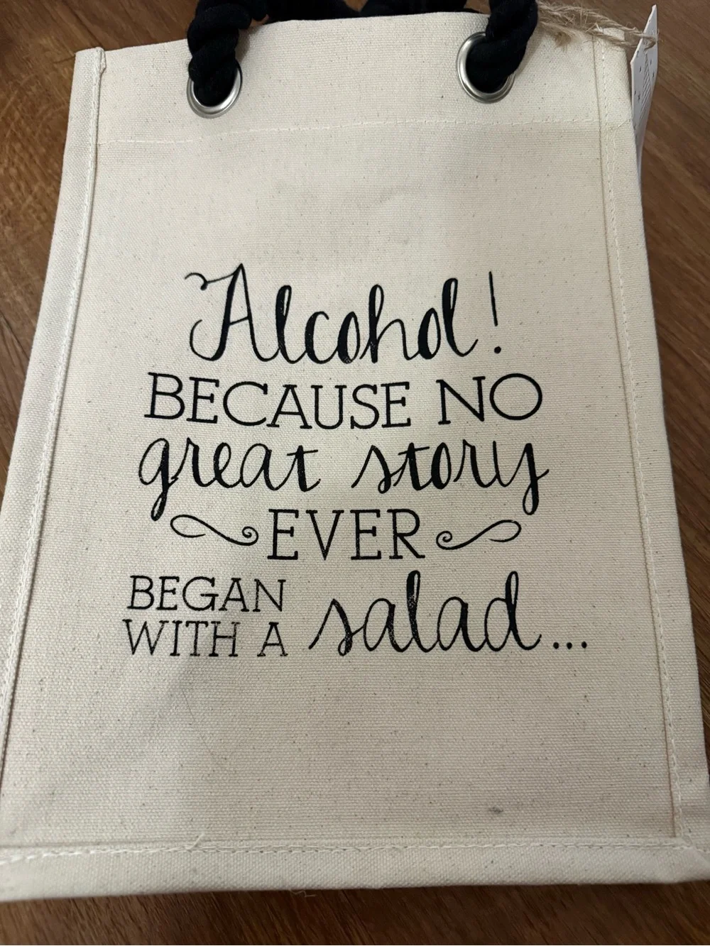 Cream Canvas Wine Tote with Black Rope Handles and Script